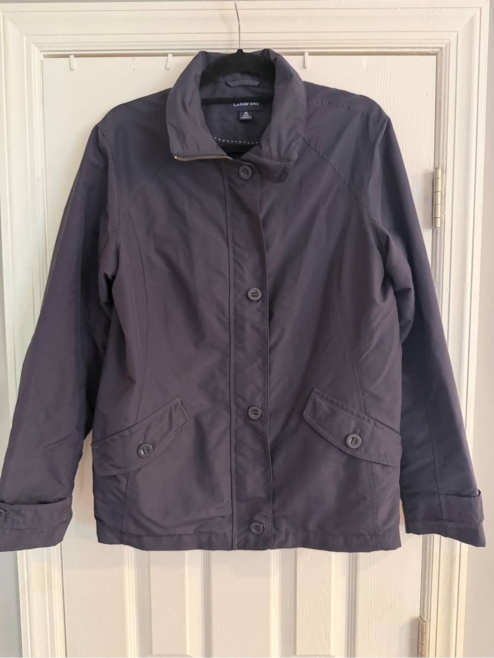 Lands’ End Women’s M 10-12 Navy Blue Nylon Rain Windbreaker Jacket Lined